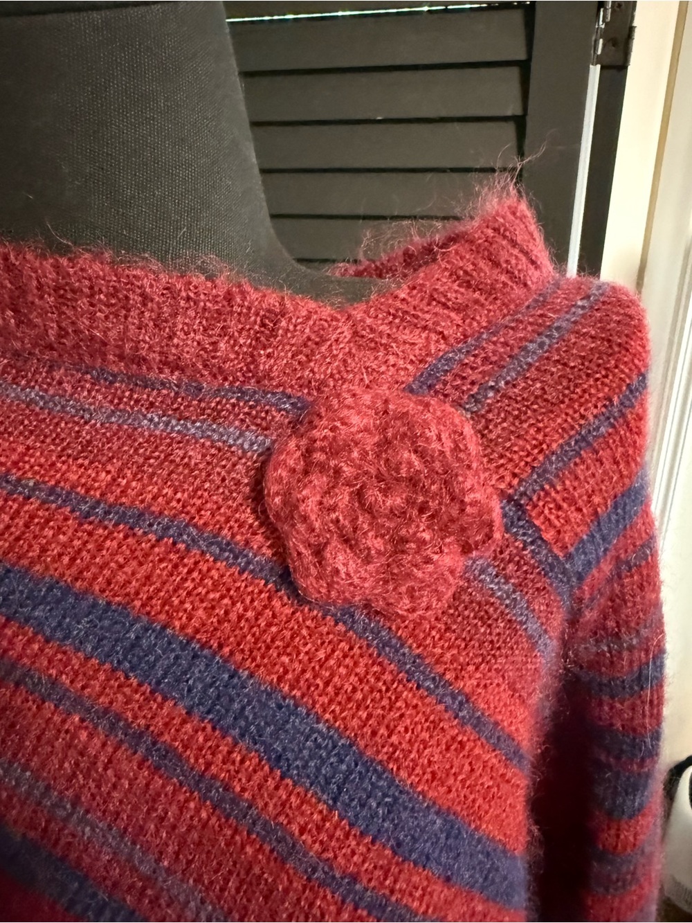 Max Studio Mohair Blend Striped Poncho Red Navy Floral One Size